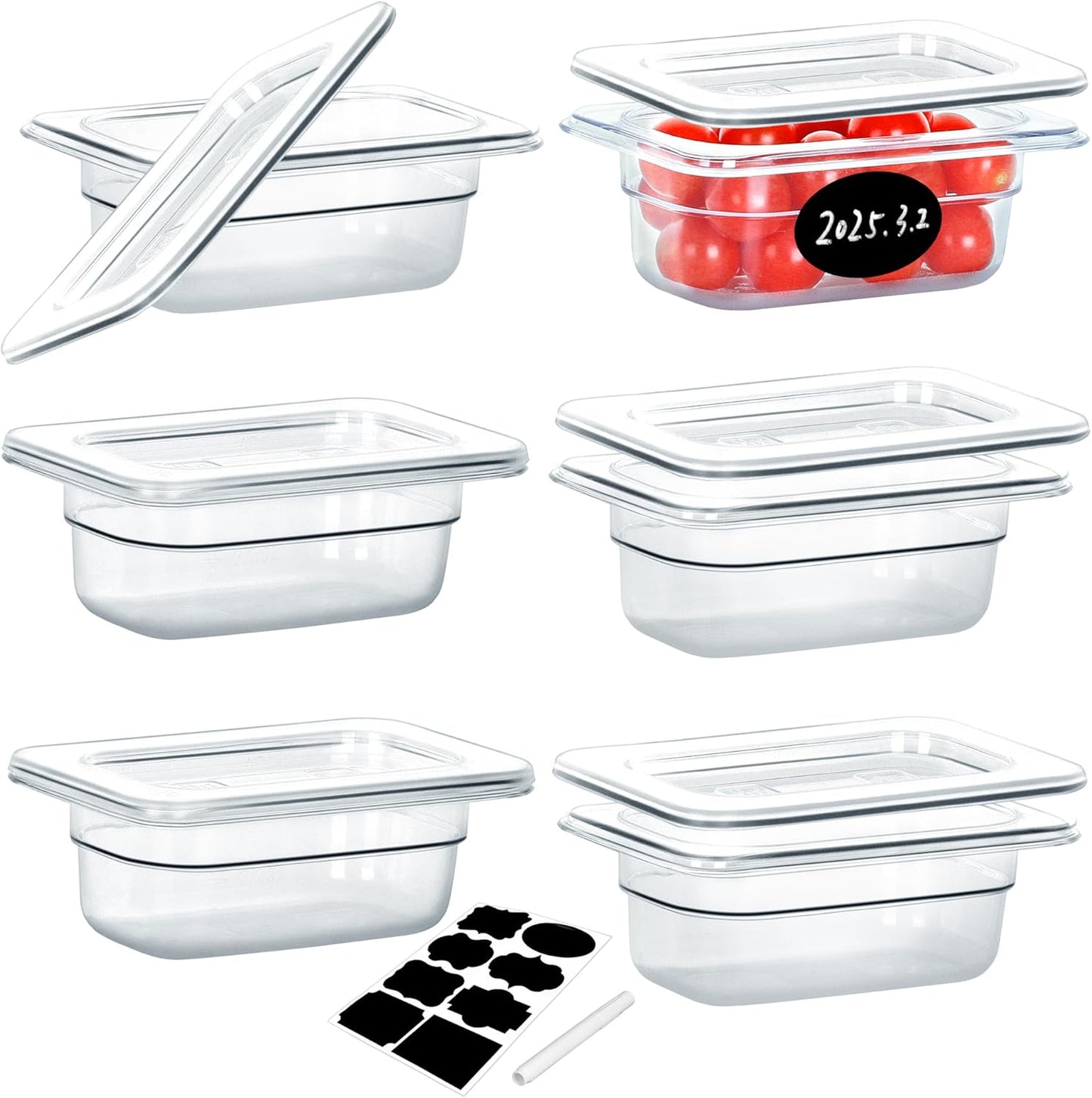 6 Pack NSF Food Pans with Lids, 1/9 Size 2.6'' Deep Commercial Food Storage Containers, Polycarbonate, Clear