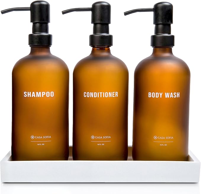 Frosted Amber Glass Shampoo and Conditioner Dispenser Set – Refillable 16 OZ Bottles with Pump, Concrete Tray Included – Modern Bathroom Organization