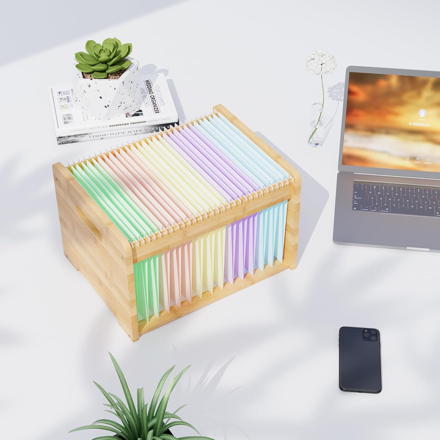 2 Pack Bamboo Hanging File Organizer, Office Desk File Organizer for Letter Size, Wood Hanging File Folders Organizer Record Holder Storage Stand Bookshelf Easy Assembly, Natural