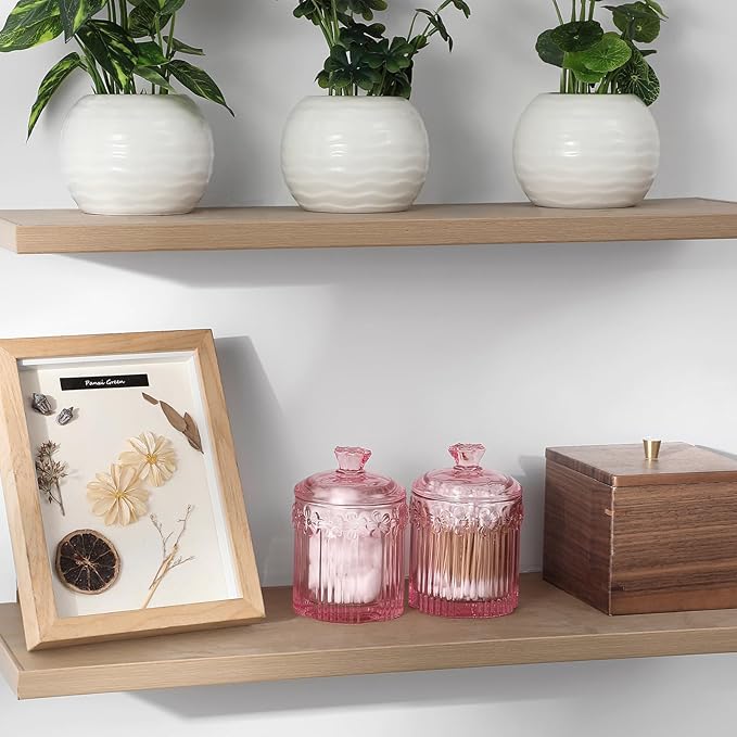 rejomiik 2 Pack Qtip Holder Glass Apothecary Jars with Lids Set Bathroom Canisters Dispenser Organizers and Storage for Cotton Swabs, Balls, Pads, Floss Picks, Candy, Pink