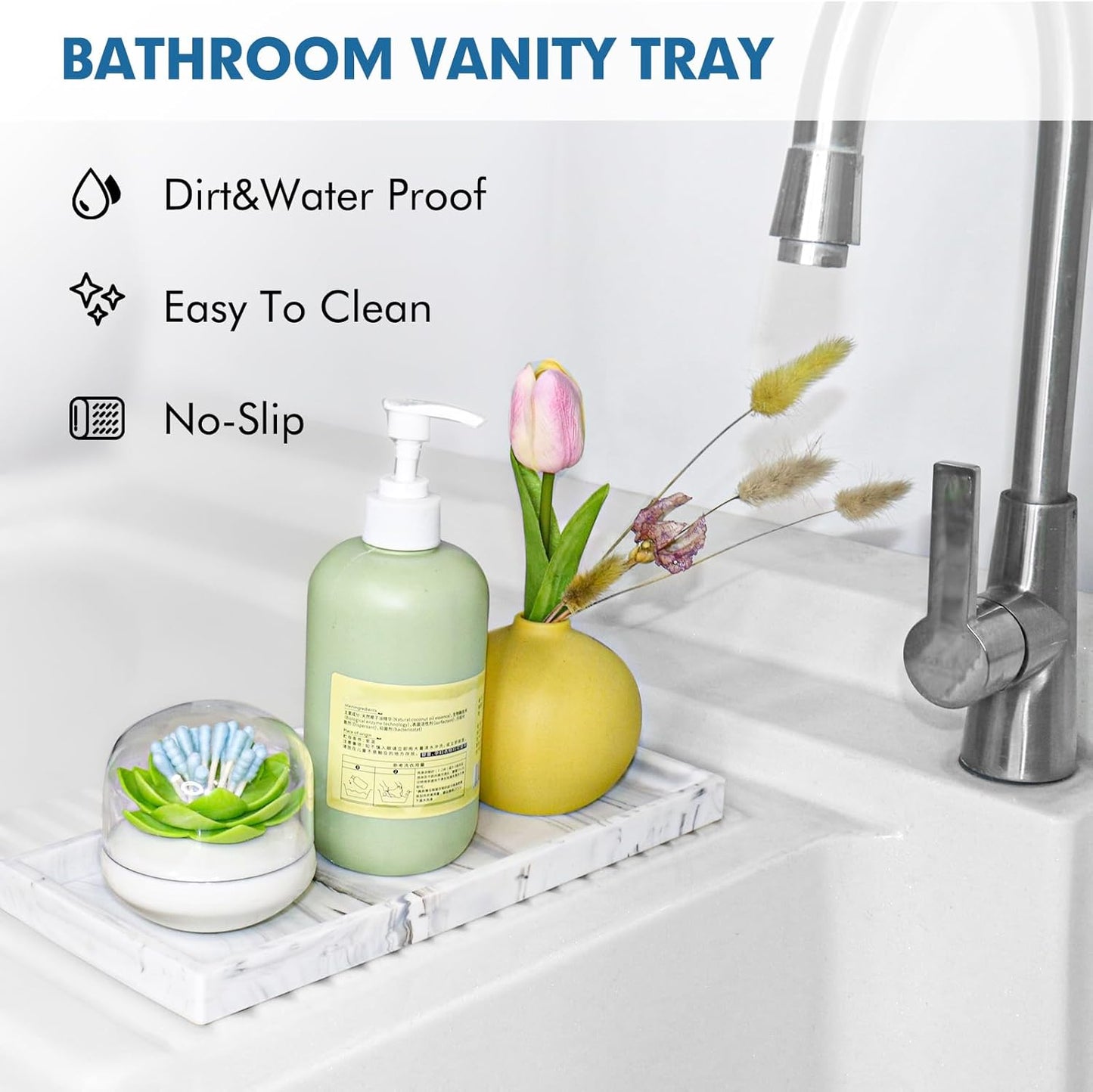 Bloss Small Bathroom Vanity Tray with Soap Dish, 8 x 4 inch Silicone Marble Tray for Kitchen Counter,Toilet Tank Storage,Perfume Trays for Dresser, Jewelry, Candle, Key