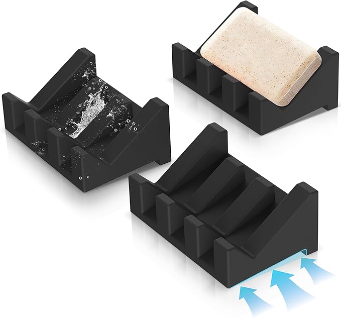 Silicone Soap Dish, 3-Piece Extended Self-Draining Shower Soap Holder, Black
