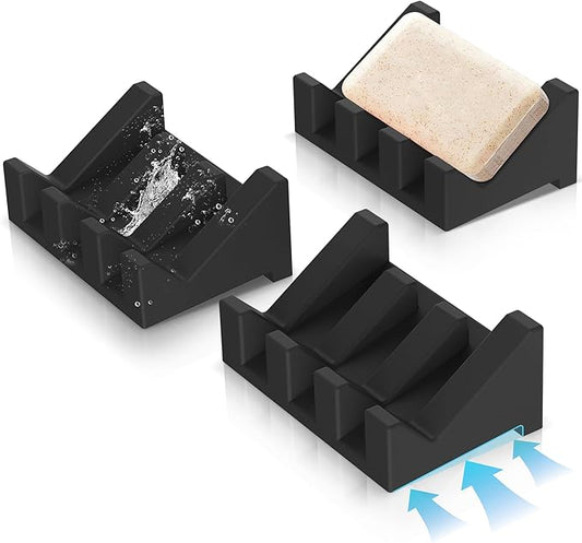 Silicone Soap Dish, 3-Piece Extended Self-Draining Shower Soap Holder, Black