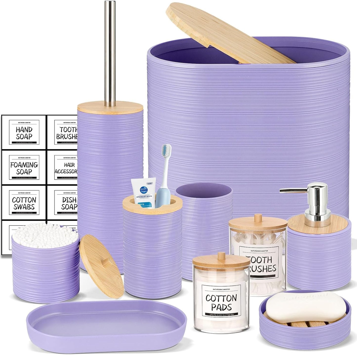 IMAVO Bathroom Accessory Set-11Pcs Purple Bathroom Accessories Set with Trash Can,Soap Dispenser,Soap Dish,Toothbrush Holder,Toothbrush Cup,Toilet Brush Set ,Qtip Holder Dispenser with Labels
