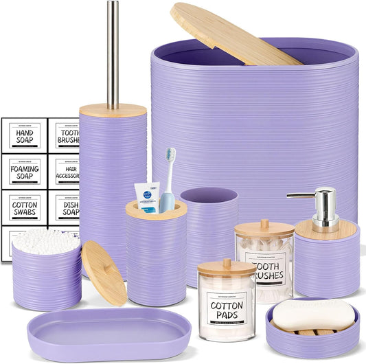 IMAVO Bathroom Accessory Set-11Pcs Purple Bathroom Accessories Set with Trash Can,Soap Dispenser,Soap Dish,Toothbrush Holder,Toothbrush Cup,Toilet Brush Set ,Qtip Holder Dispenser with Labels