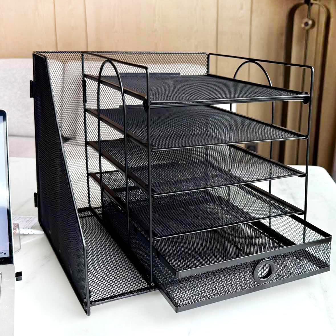 5-Tier Paper Letter Organizer with File Holder, Desk Organizer with Drawer, Mesh Desktop Storage with Magazine Holder for Office Supplies (Black)