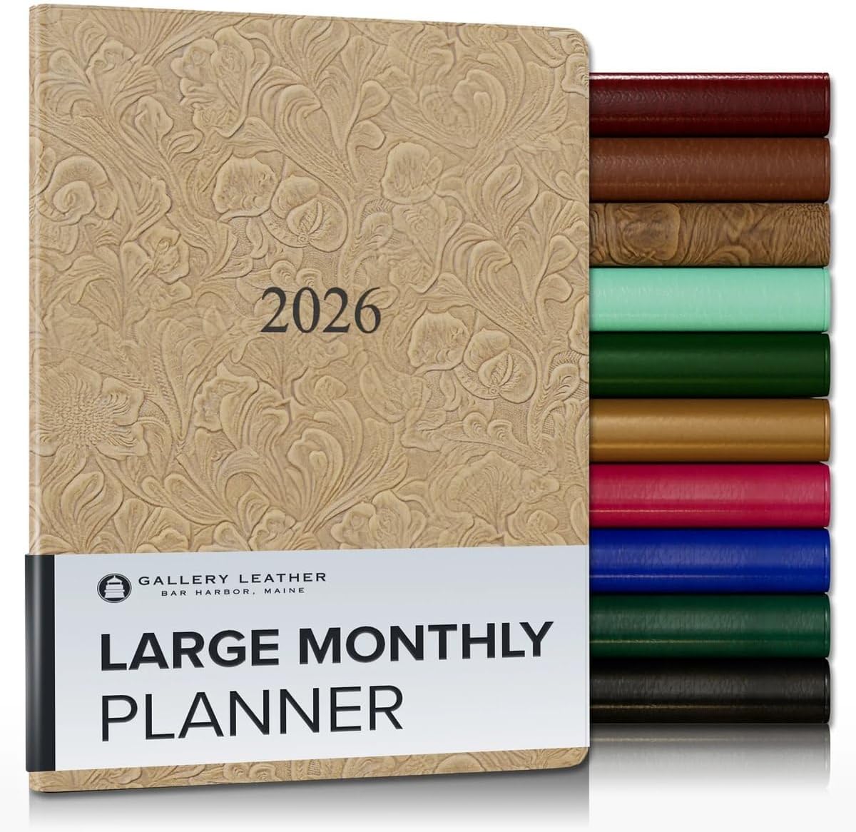 Gallery Leather Large Monthly Planner 2025-2026, Elegantly Bound Calendar Planner and Notebook with Stylish Gold-Gilded Page Edges, 18 Months - Floral Latte - 9.75x7.5"