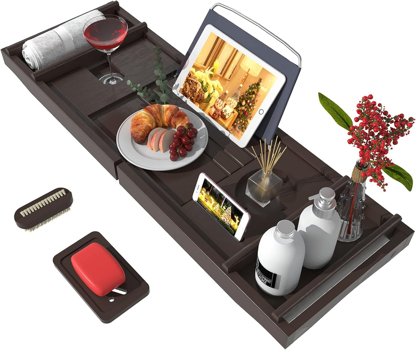 Bathtub Caddy Tray for Luxury Bath - Bamboo Waterproof Expandable Bath Table Over Tub with Wine and Book Holder and Free Soap Dish (Brown)