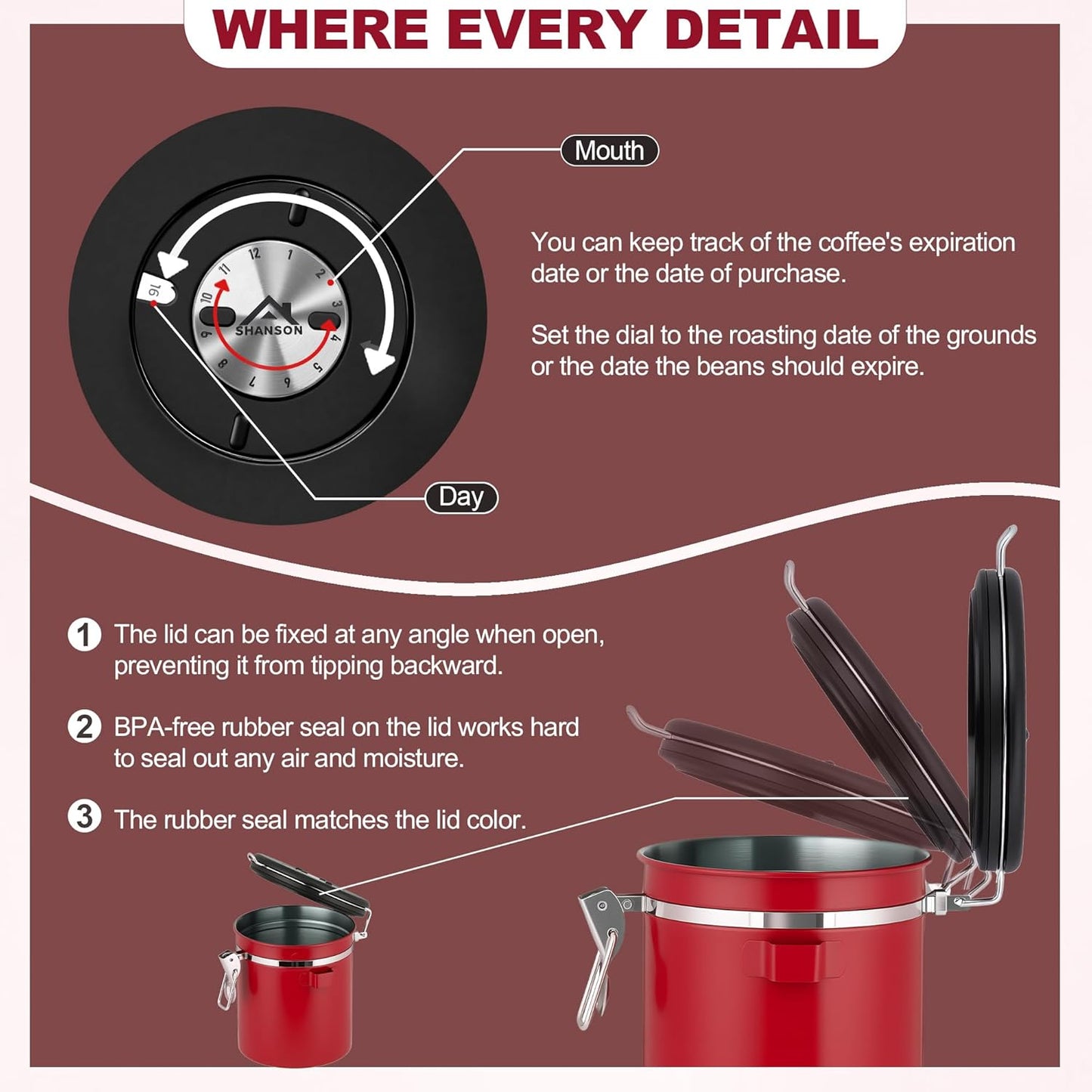 ShanSon Coffee Canister Airtight Coffee Container Stainless Steel Coffee Bean Storage Container with Scoop Coffee Canister for Beans Grounds Sugar Flour Tea Cereal,22OZ,Red