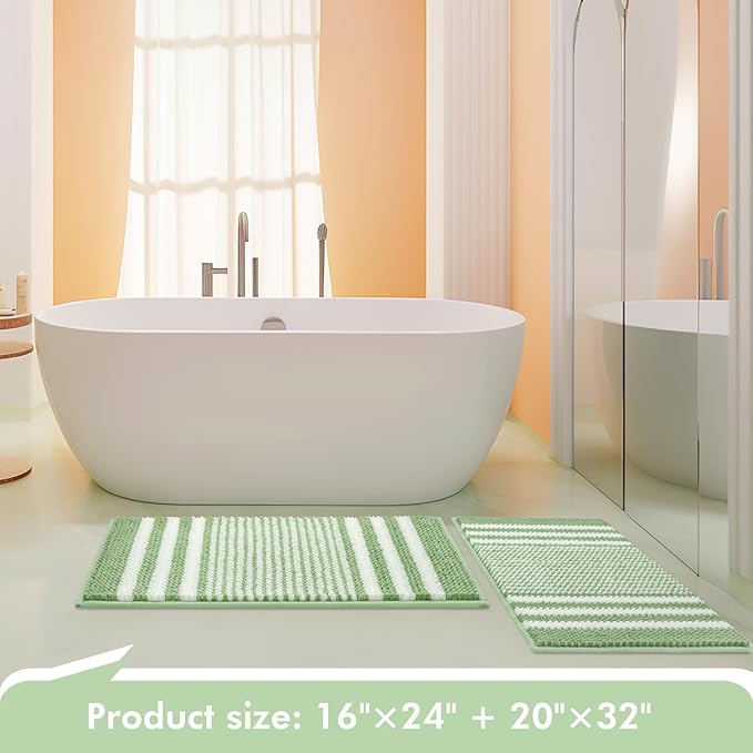 Tindbea Bathroom Rugs Set 2 Piece, Extra Soft and Absorbent Fluffy Striped Chenille Bath Mat Rug Set, Non Slip Bathroom Floor Mat, Machine Washable (20" x 32" Plus 16" x 24", Sage)
