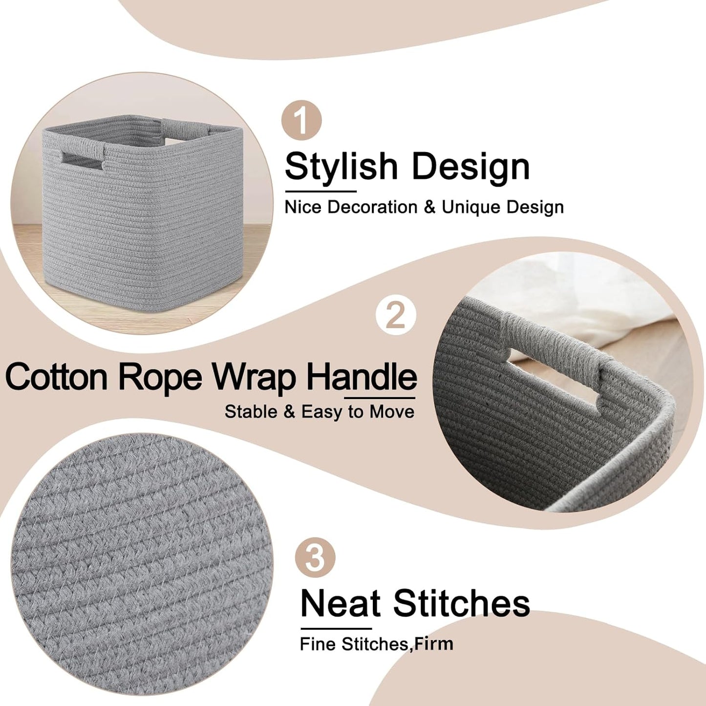 OIAHOMY Storage Cubes 11 Inch Bins-3-Pack, Cotton Rope Woven Baskets for Organizing, Square Storage Baskets for Shelves, Classroom, Kids Toy Bins, Closet, Baby Nursery-Grey