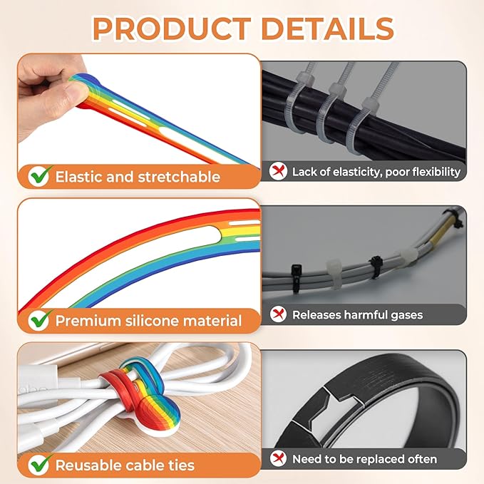 Kanemc Cable Ties Magnetic Cord Organizer Wraps, 8 Pcs Colored Cord Keepers Rainbow Colors Silicone Cable Straps Travel Car Home Office Kitchen Electrical Cable Storage Refrigerator Magnets