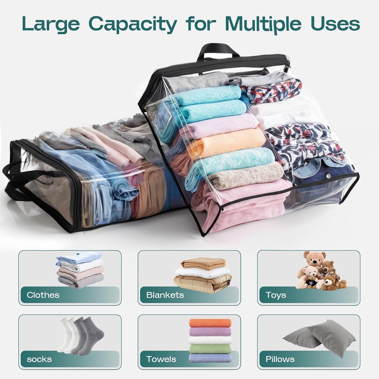 Hopack Under Bed Storage Bags Organizer, 22L Clear Storage Bags, Bags Organizer Clear Zipper Containers Bedroom, Storage Bag for Sweater, Clothes, Shoe Toy, Blanket, Sheet (Black,10PACK)