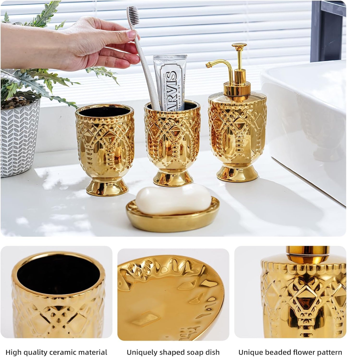 4-Piece Bathroom Accessory Set, Ceramic Bathroom Soap Dispenser Sets, Complete Gold Bath Decor Include Soap Dispenser, Toothbrush Holder, Tumblers,Soap Dish