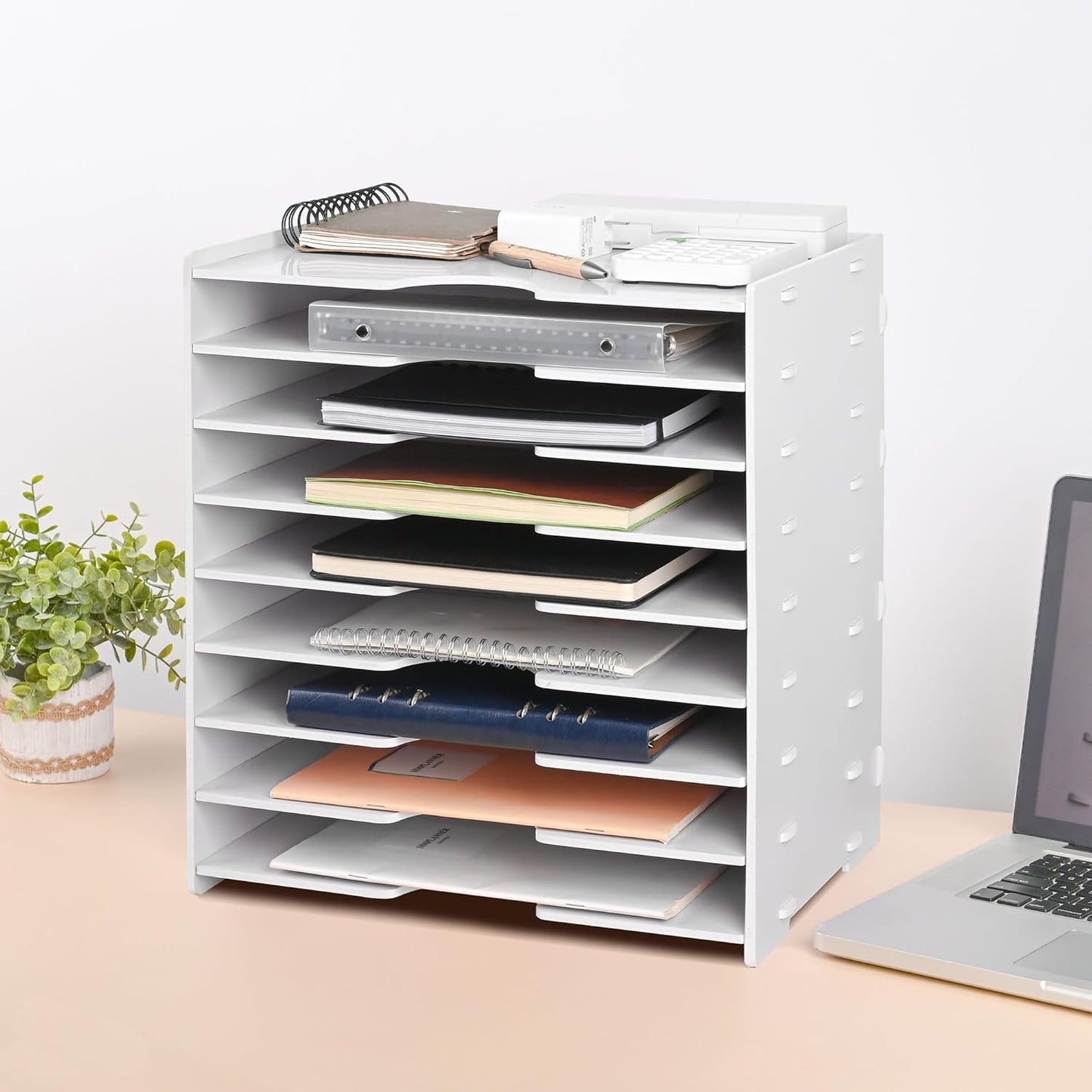 Paper Organizer Storage for Desk, 9 Tier Construction File Organizer Paper Sorter, Desktop Document Storage Holder for Home Office School, 14 1/8" x 10 1/4" x 15 3/8", White