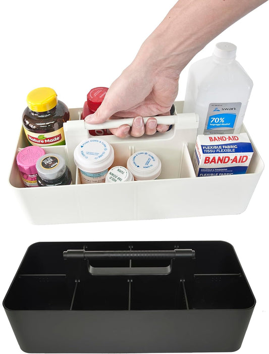 Portable Caddy Organizer -2 Stackable Plastic Caddy with Handle | Desk, Makeup, Dorm Caddy, Classroom Art Organizers (Made In Usa) (Black/Ivory)