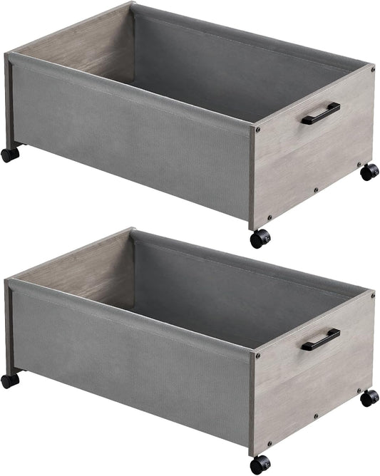 Under Bed Storage with Wheels, Wooden Under Bed Drawers On Wheels, Rolling Under Bed Shoe Storage, Space Saving,70L