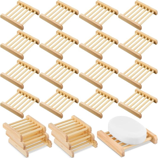 Amyhill 25 Pcs Bamboo Wood Soap Dish Bulk Bathroom Wooden Soap Holder Savers Self Draining Dishes Handcraft Tray, 3.3 x 3.3 x 0.67 Inch (Wood Color)