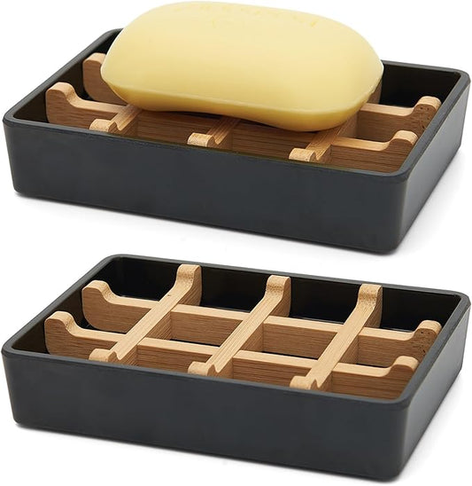 Bamboo Soap Dishes for Shower Wooden Soap Bar Holder for Bathroom Soap Tray Easy to Clean, Durable and with Non-Slip Pads(Two Black Squares)