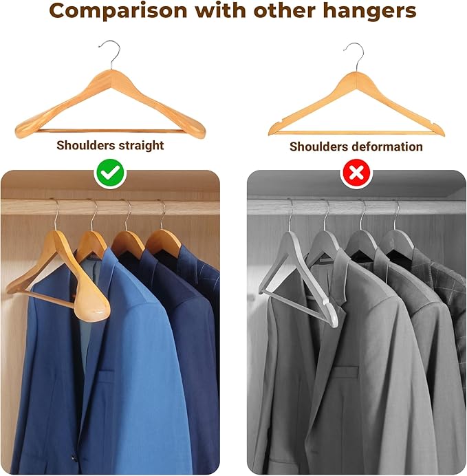 Coat Hanger 8-Pack, MEQUTION Wood Hangers Trouser Hangers Extra Wide Shoulder Wooden Hangers for Heavy Coat, Sweater, Skirt, Suit, Pants, Retro Finish (Natural)
