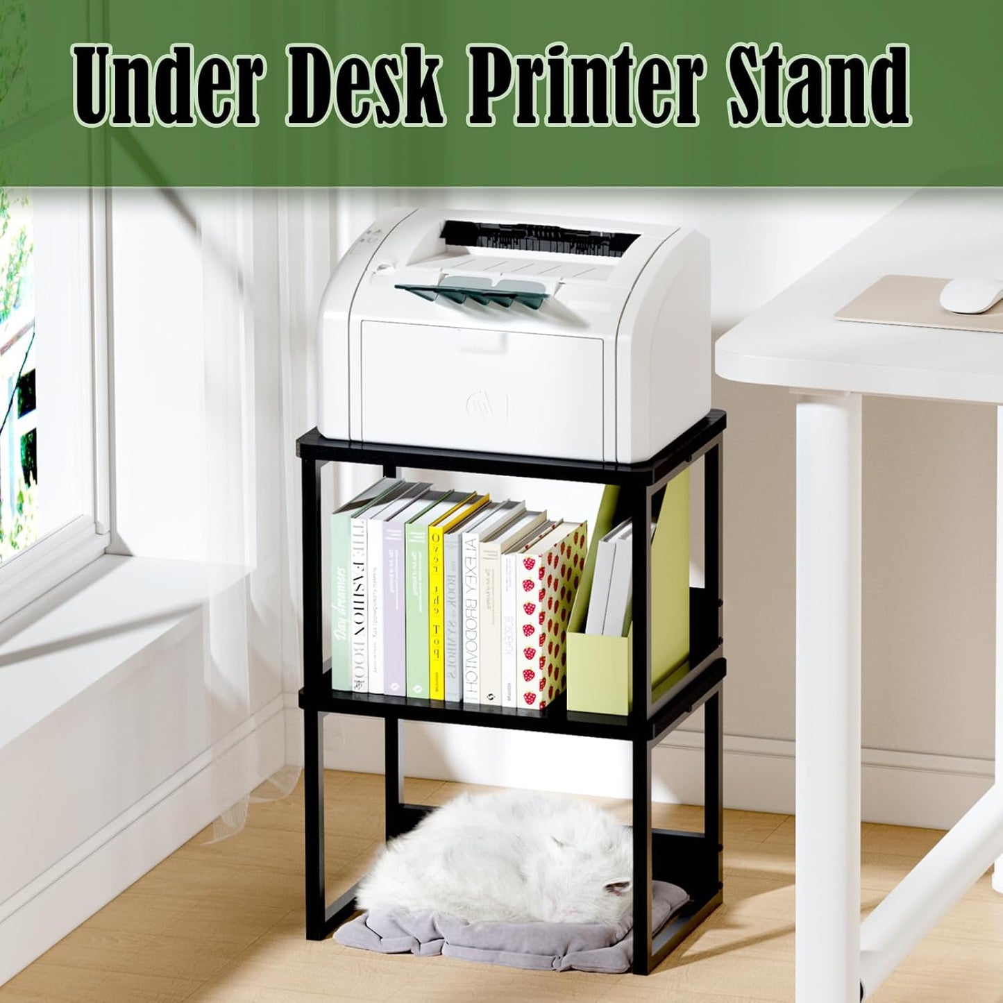 MARTY Desktop Printer Stand 2 Pack Printer Stand with Storage for Desk, Shelf Organzier for Home/Office Printer Riser Under Desk Small Table for Fax Machine Scanner(Black)