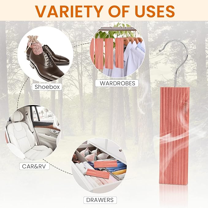 Homode Cedar Blocks for Clothes Storage, Cedar Sachets with Hanging Hooks, Set of 18, Aromatic Cedar Wood for Drawers and Closets, 10 Cedar Hangers and 8 Bags