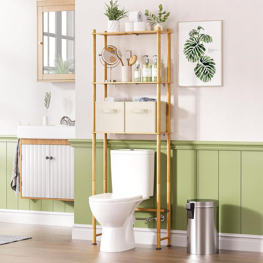 AmazerBath Over The Toilet Storage Bamboo, 3-Tier Over Toilet Organizer Rack with 2 Fabric Storage Bins, Freestanding Toilet Shelf for Bathroom Laundry Space Saver, Natural Color