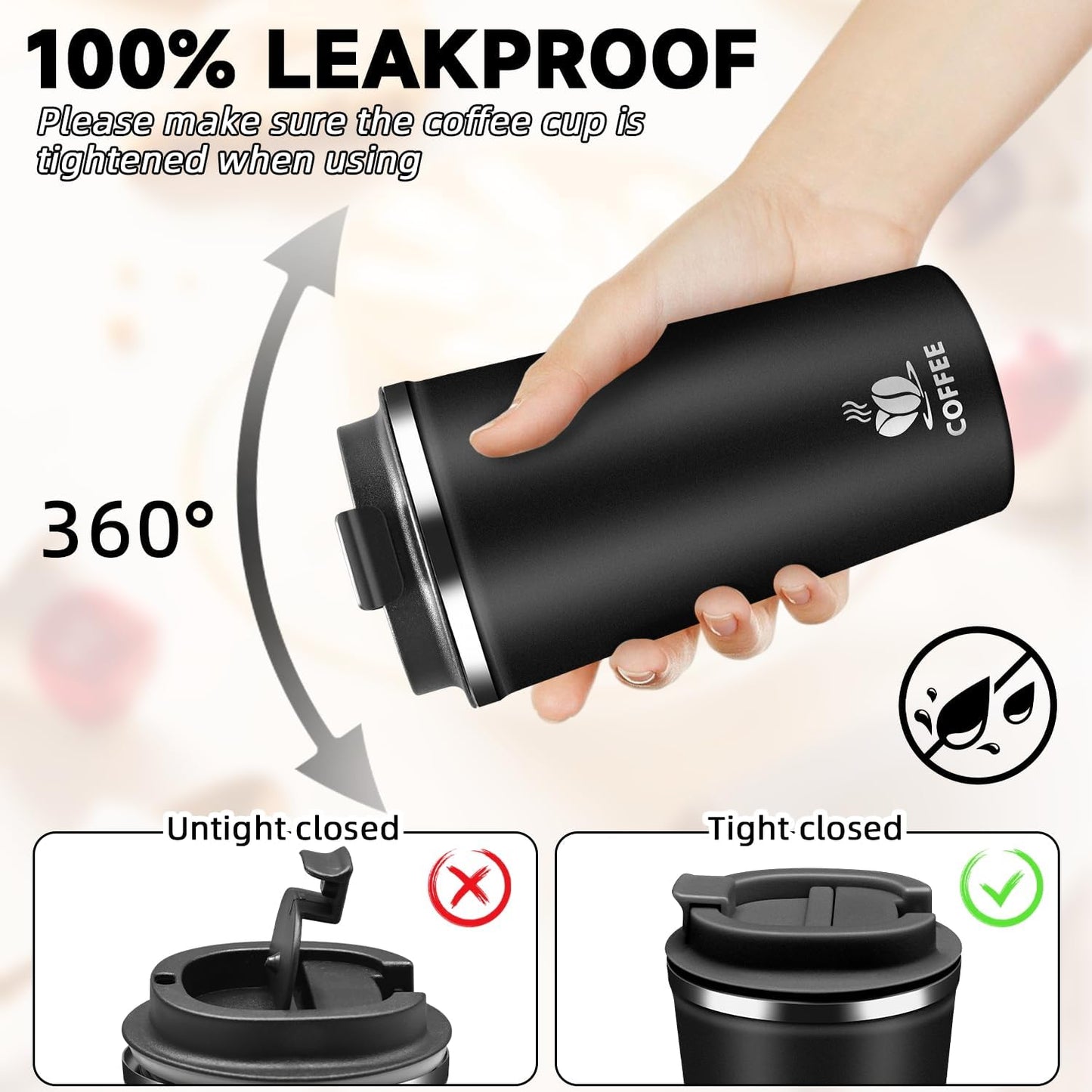 Insulated Travel Coffee Mug Reusable Coffee Tumbler Cup with Flip Lid Leak Proof Spill Proof for Office School Party Camping Hot and Cold Drink,Stainless Steel 17oz (Black)