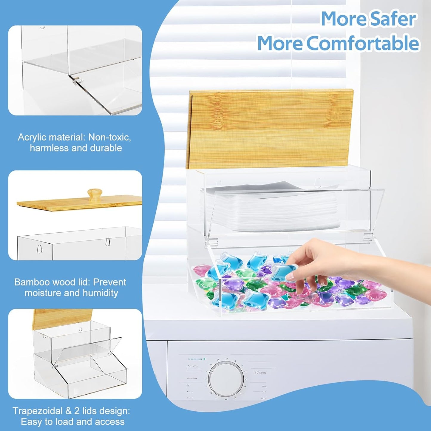 JYPS 2-in-1 Laundry Organizer with Large Capacity: Double-Layer Transparent Acrylic Storage Box with Bamboo Lid for Pods, Dryer Sheets & Supplies