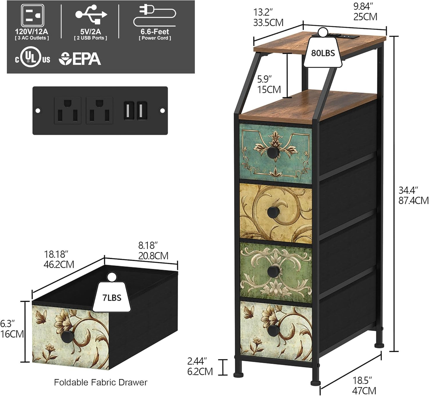 Tohomeor Narrow Dresser Tall Skinny Storage Tower Vertical Slim Chest of Drawers with Charging Station Small Nightstand Side Table for Bedroom, Bathroom, Small Spaces (Retro Flower, 4 Drawers)