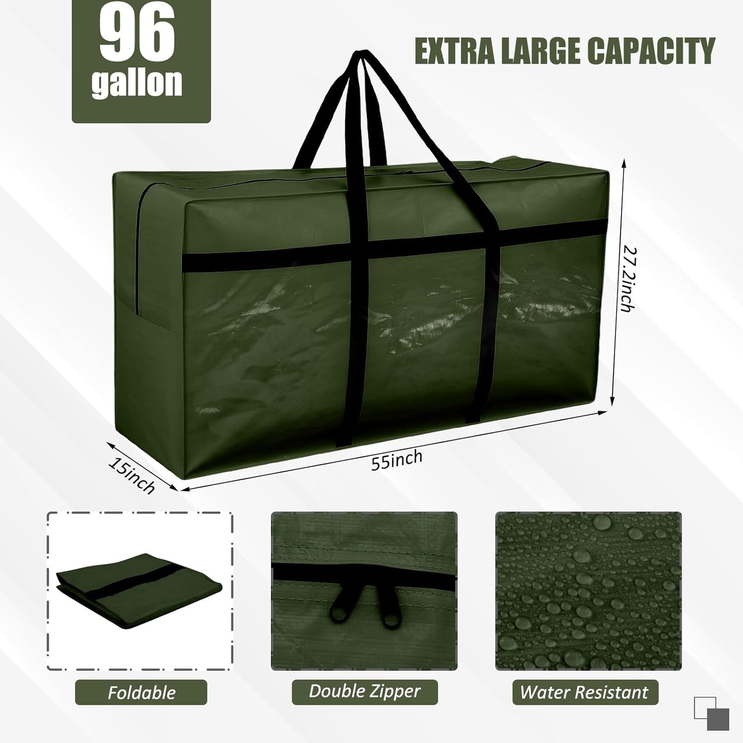 4 Pcs 96 Gallon Large Moving Bags with Zipper and Handles Foldable Storage Duffle Bags Heavy Duty Extra Large Totes for College Dorm Travel Clothes Blankets Bedding Moving (Green)