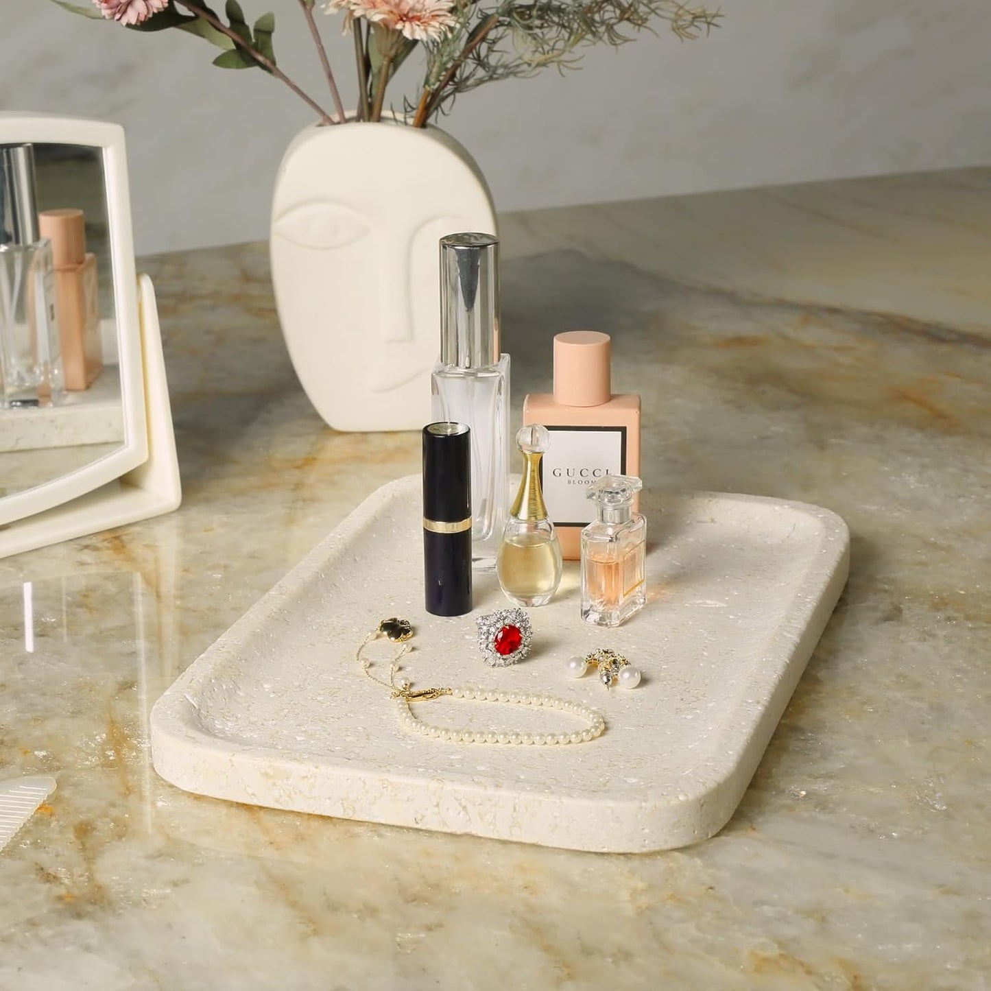 Koville Marble Vanity Tray, 12"x8" Marble Catchall Tray for Countertop Bathroom Kitchen Dresser, Rectangular Decorative Stone Tray for Jewelry Cosmetics Perfume Trinket(Brown)