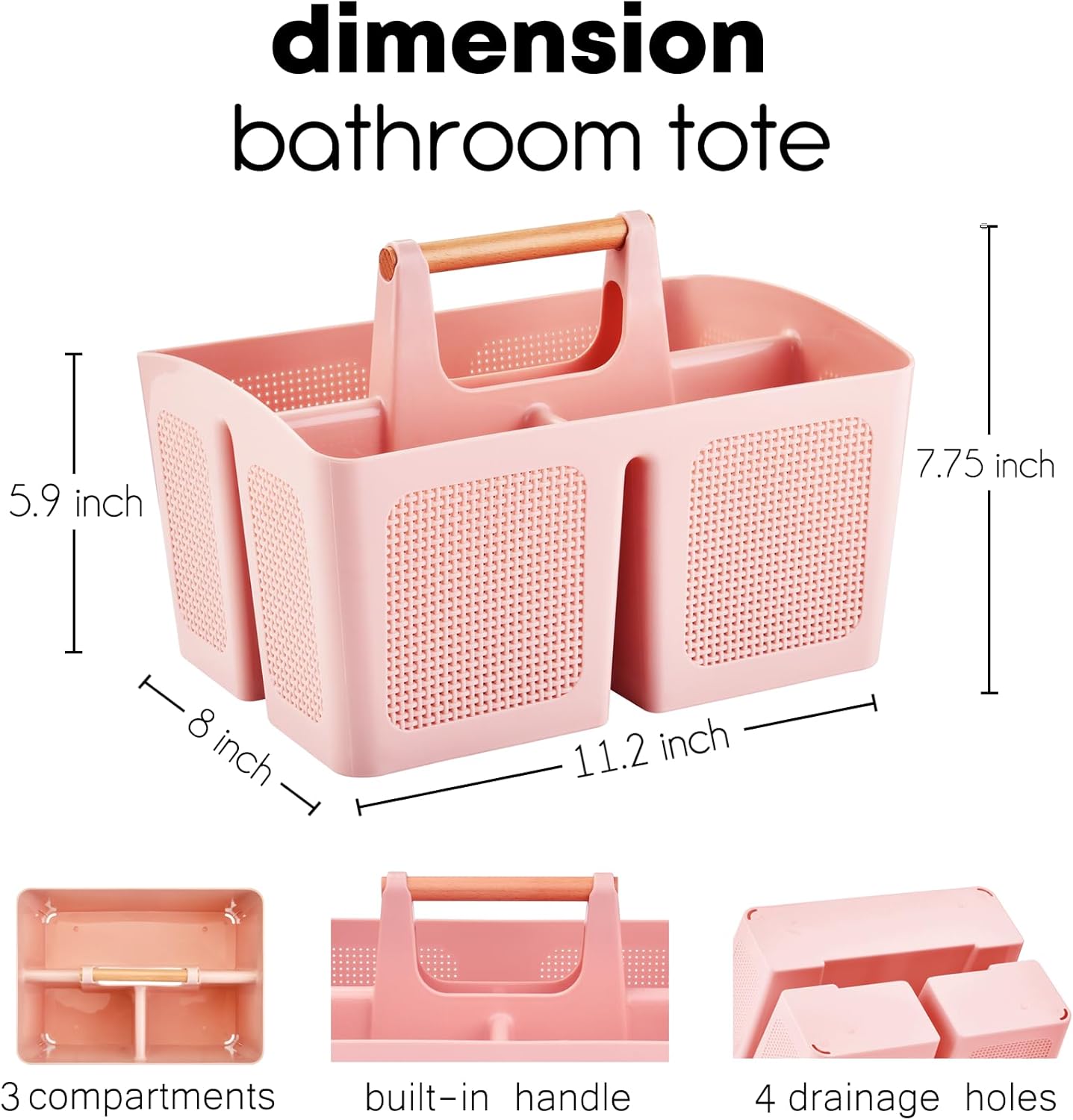 ALINK Portable Shower Caddy Basket with Compartments, Plastic Divided Cleaning Caddy Organizer Storage Tote with Handle for Bathroom, College, Dorm Room Essentials, Pink