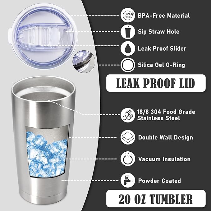 20 oz Tumbler Coffee Travel Tumblers Bulk with Lid Stainless Steel Double Wall Vacuum Insulated Mug Powder Coated Cups fit Car Cupholder for Hot and Cold - Stainless Steel, 4Pack
