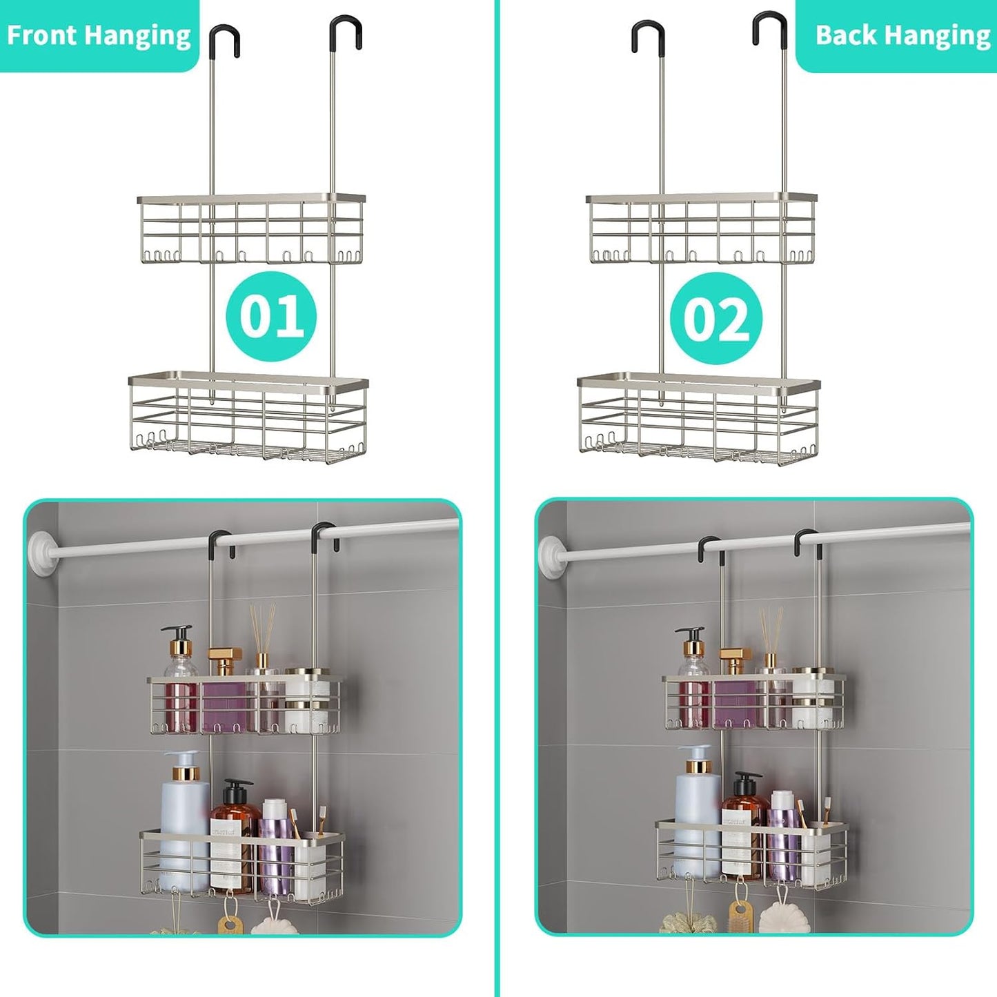 HapiRm Hanging Shower Caddy Organizer - No Drilling Shower Organizer with Hooks, Rustproof & Waterproof 304 Stainless Steel Bathroom Shelves - Brushed Nickel