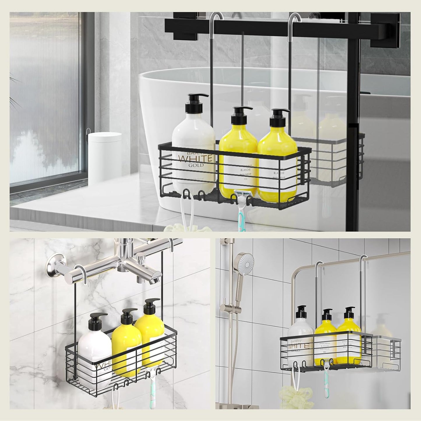 DELLAN Hanging Shower Rack, Shower Organizer Hanging for Bathroom, Shower Rack with Hooks Over the Door, Bathroom Shower Caddy and Basket(Black)