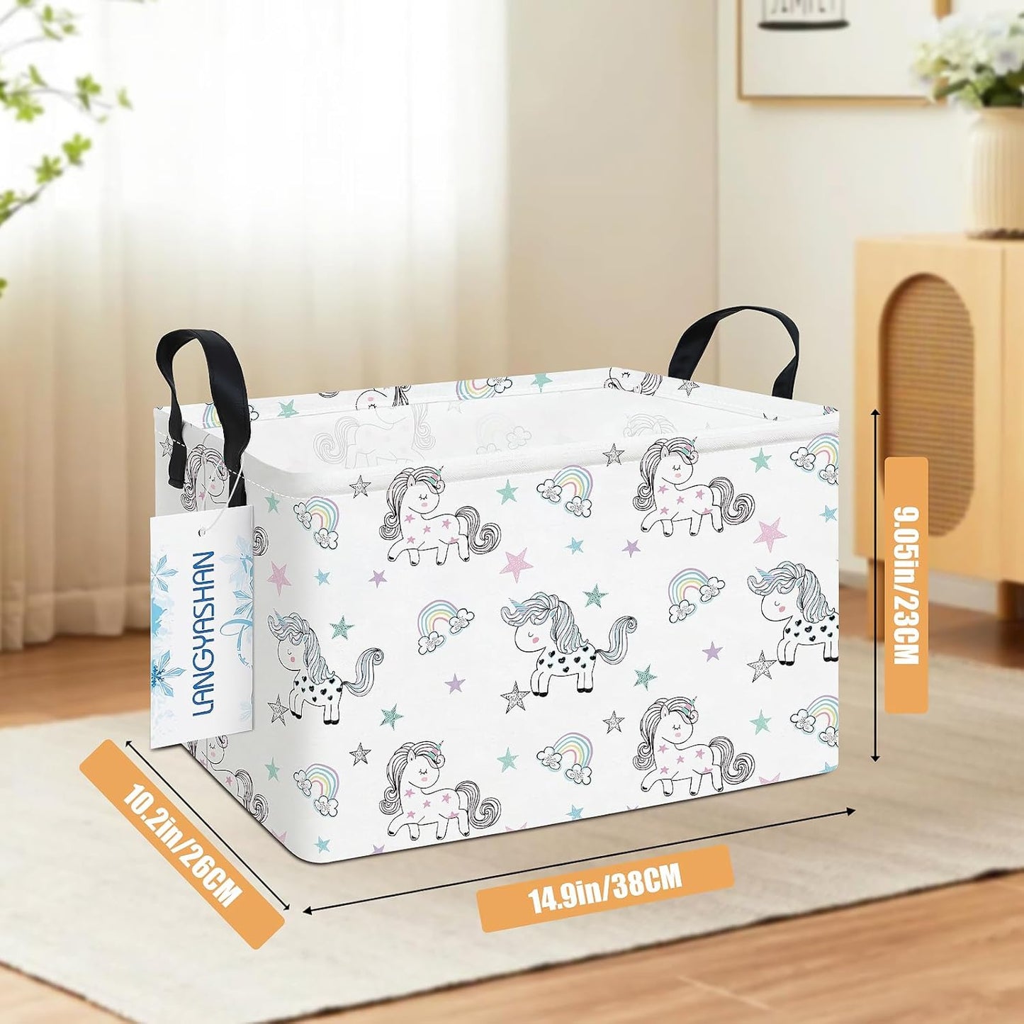 LANGYASHAN Rectangular Storage Bin Collapse Canvas Fabric Cartoon Storage Basket with Handles for Organizing Home Kitchen Boys and Girls Toys Office Closet Shelf Baskets (Rec Rainbow Unicorn)