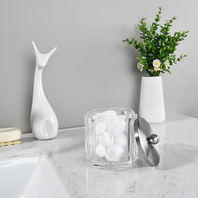 Clear Transparent Apothecary Octagional Shaped Glass Canister Jar With Satin Nickel Metal Lid Cover for Bathroom Organization, Cotton Balls, Q Tips, and Small Accessories, Bath Storage