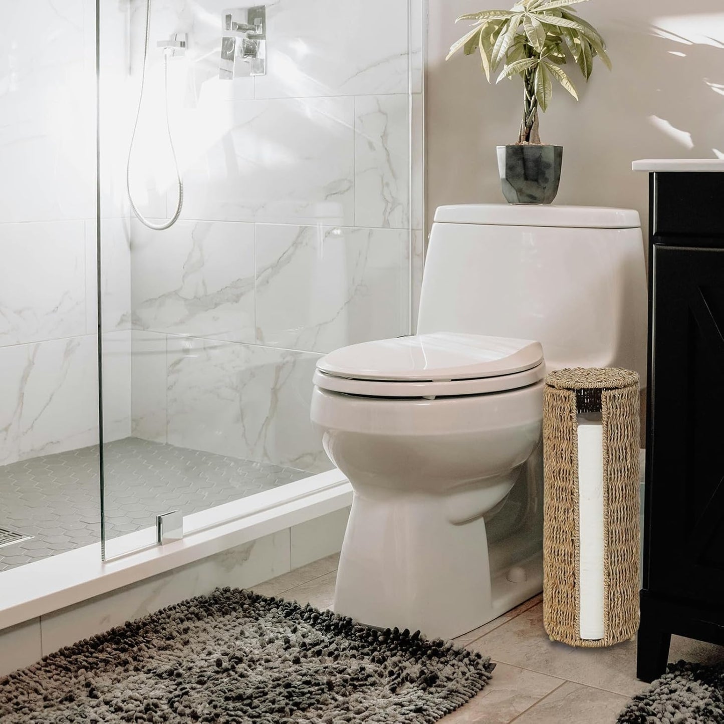 PINXIURY Seagrass Toilet Paper Holder with Storage, 3 Rolls of Wicker Toilet Paper Holder for Bathroom and Under Sink, Handmade Woven Toilet Paper Rolls Holder Stand