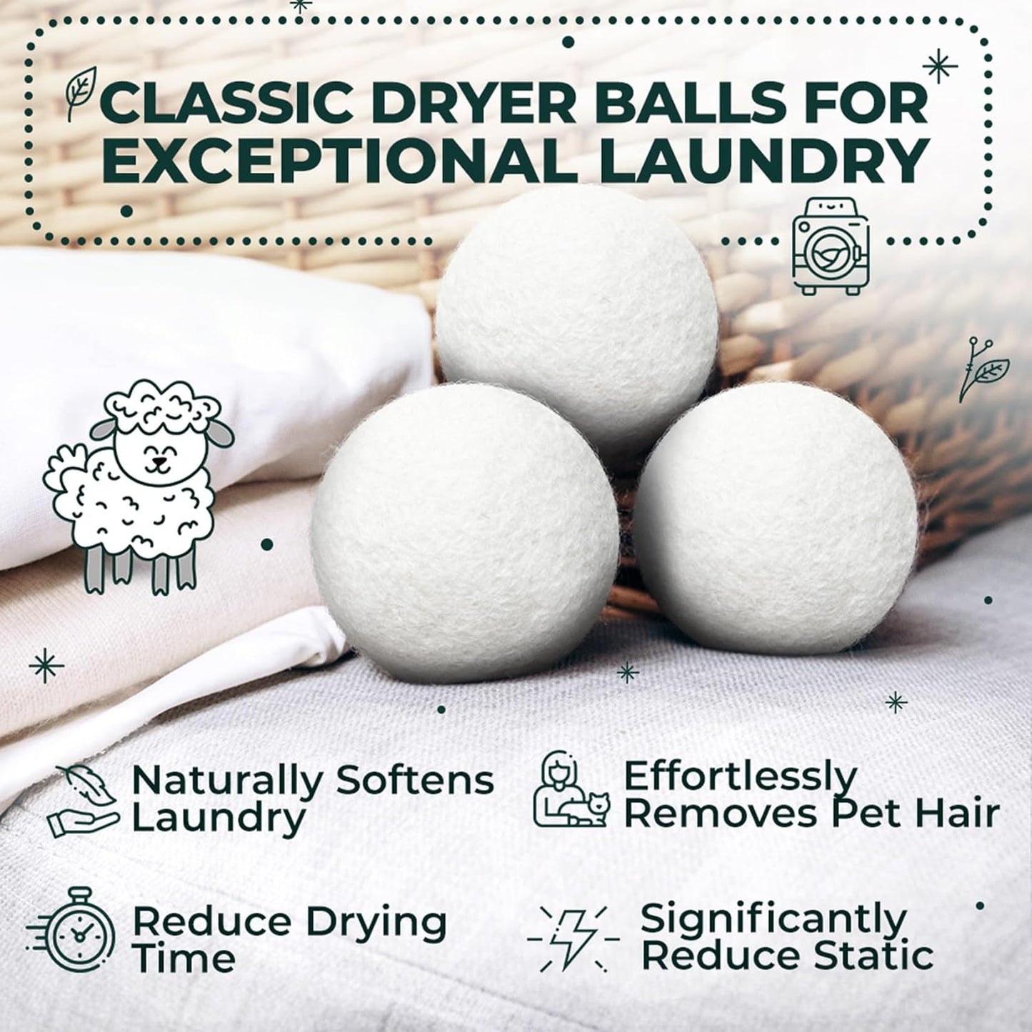 No More Dryer Sheets! Reusable Wool Dryer Balls XL 6-Pack - Reduces Static, Cuts Dry Time, & Softens Naturally