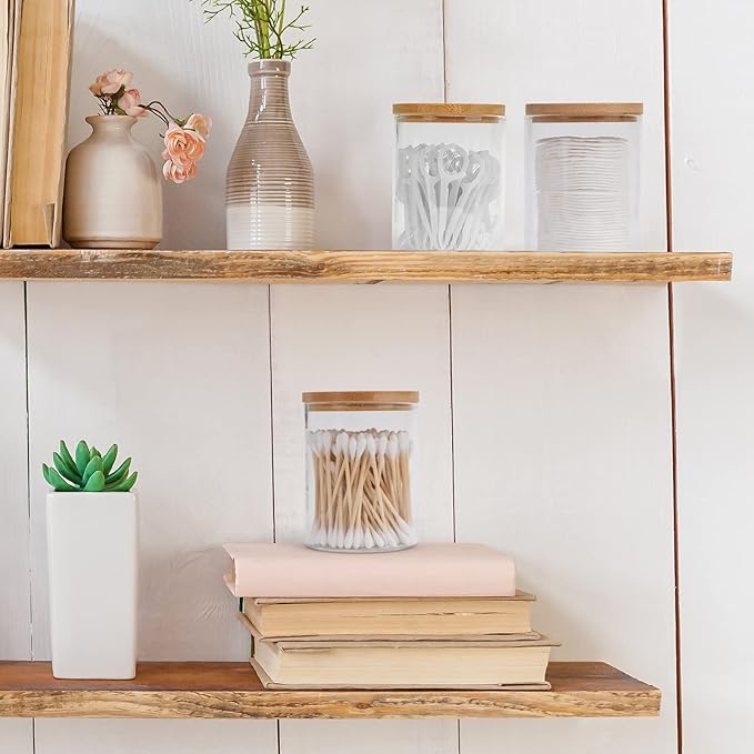 3 Pack Glass Qtip Holder Dispenser Set - Apothecary Jars with Lids for Vanity Makeup Organizer - Bathroom Canister Storage Organizer for Cotton Ball,Swab,Round Pads,Floss