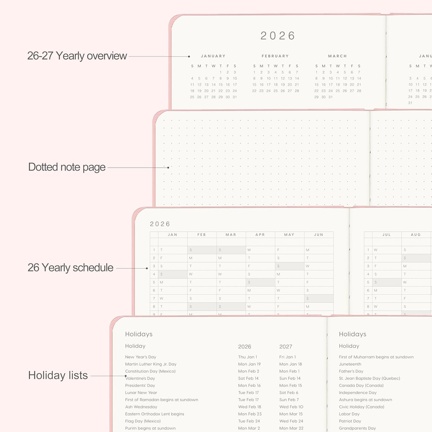 And Per Se 2026 Planner-Daily, Weekly & Monthly Leather Hardcover Planner, 5.7" x 8", Daily Schedule, Monthly Tabs, 100 GSM Thick Paper, Back Pocket(Pink)