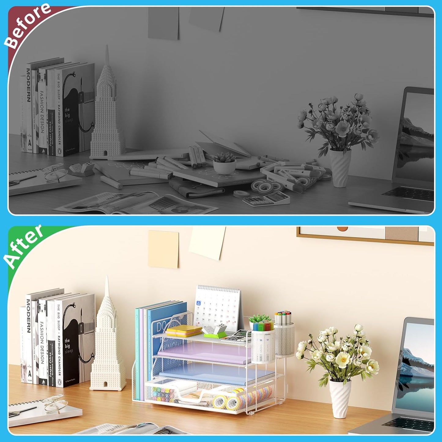 Marbrasse Desk Organizer and Accessories，4-Tier Paper Letter Tray Organizer with File Holder, Desk Accessories with Drawer and 2 Pen Holder (White, 15.4" x 9.1" x 8.3")