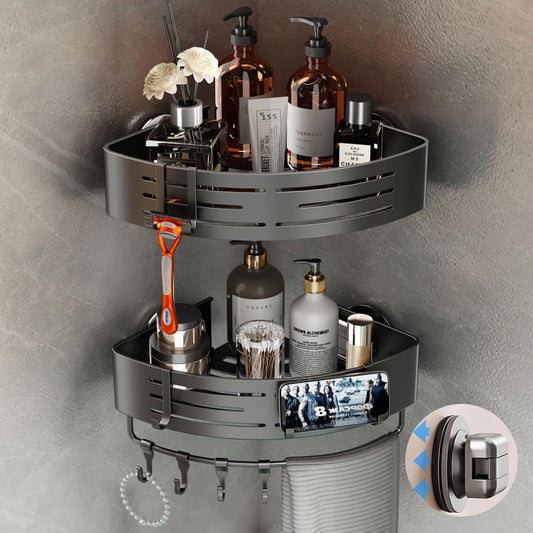 Voldra Corner Shower Caddy Suction Cup, 2 Pack Corner Shower Shelves No Drilling, Aluminum Upgrade Suction Cup Shower Organizer with Towel Bar & Hooks Removable Bathroom Storage Rack(Gray)