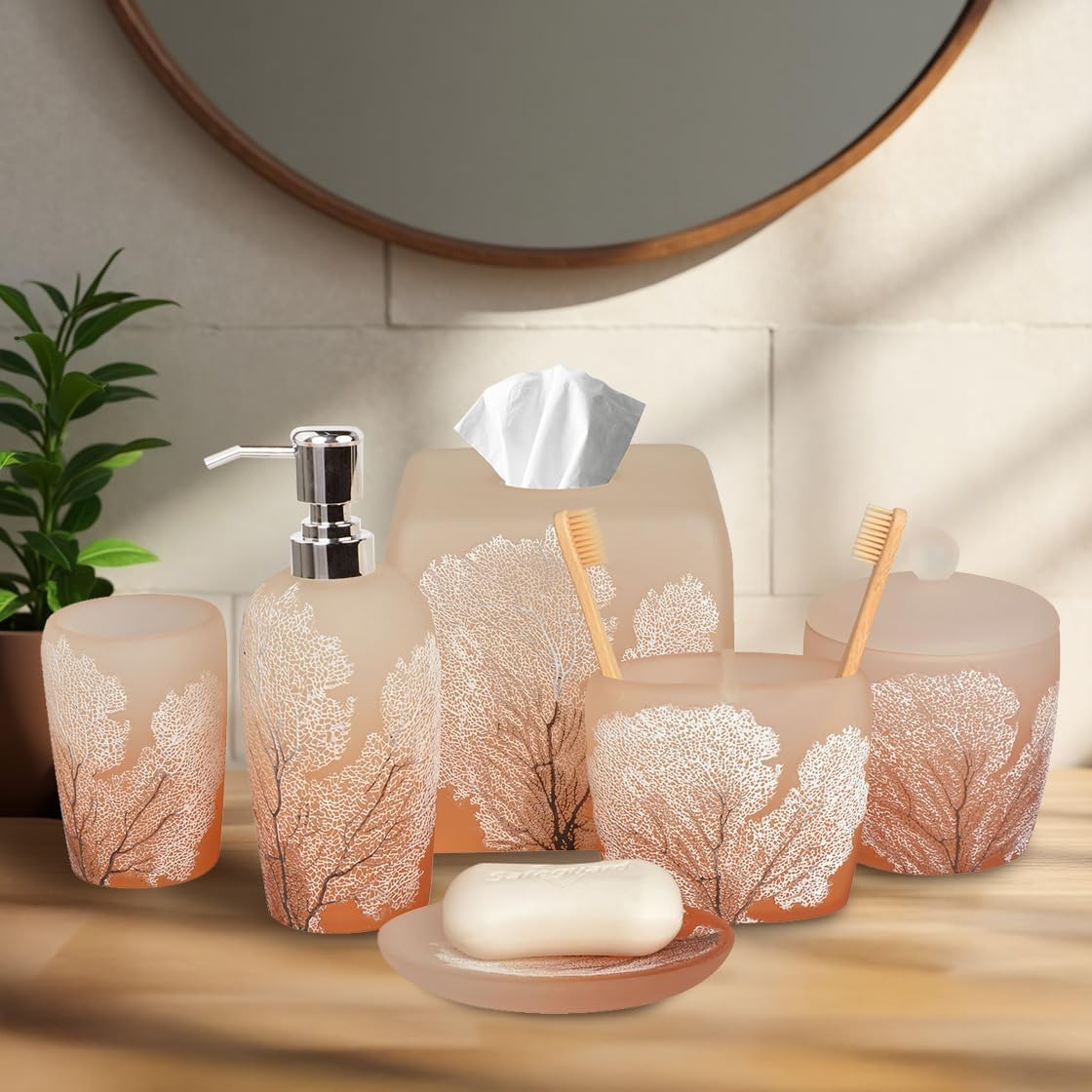 6-Piece Bathroom Accessories Set – Soap Dispenser, Toothbrush Holder, Tumbler, Soap Dish, Cotton Swab Jar & Toilet Brush – Modern Bathroom Decor Set (Carruthers)