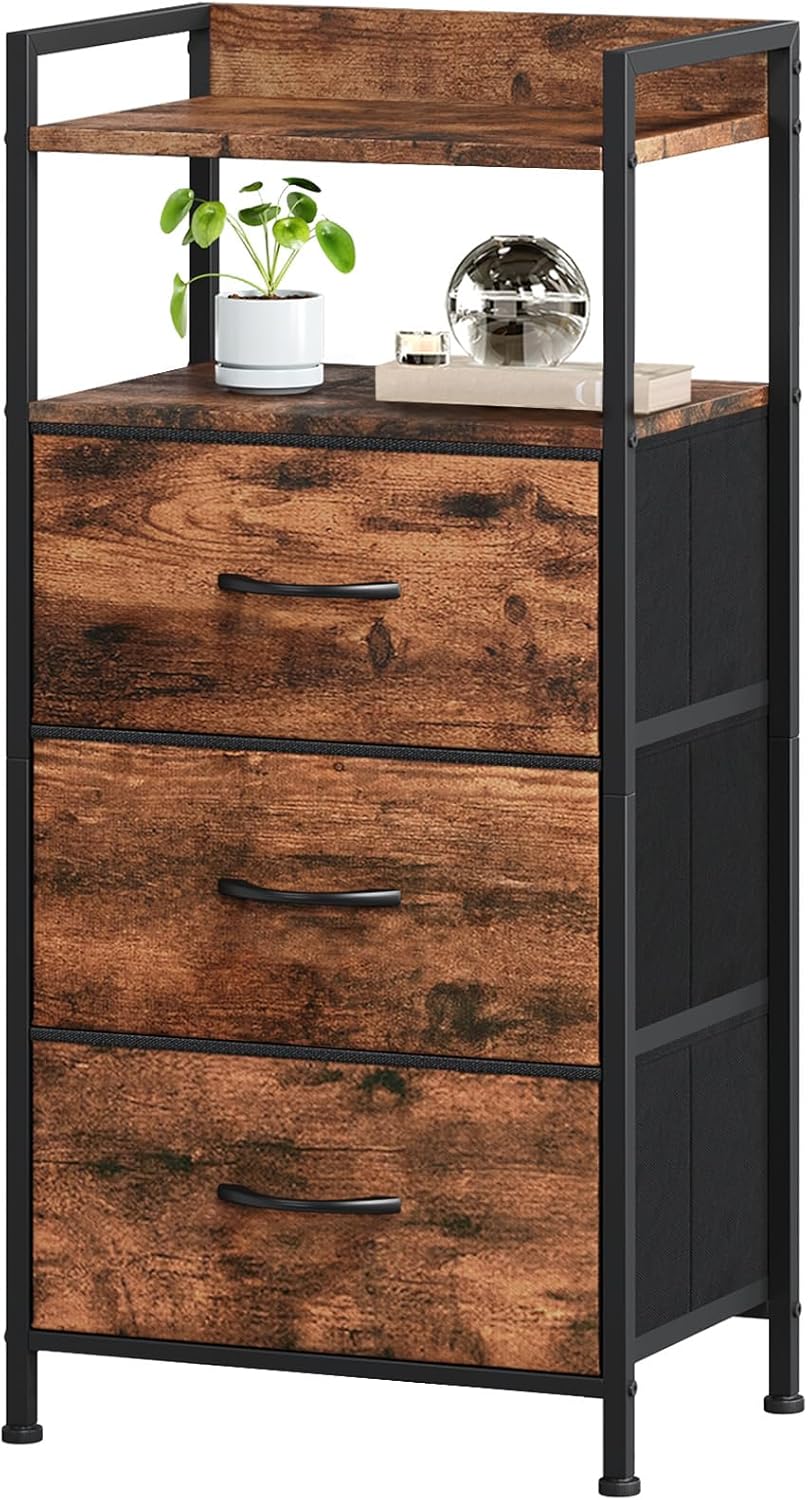 Somdot Nightstand with 3 Drawers, Dresser with Fabric Bins for Bedroom, Hallway, Entryway, Nightstand Bedside Table Furniture, Sturdy Steel Frame, Wooden Top, Easy Pull Fabric Bins, Wood Grain Print