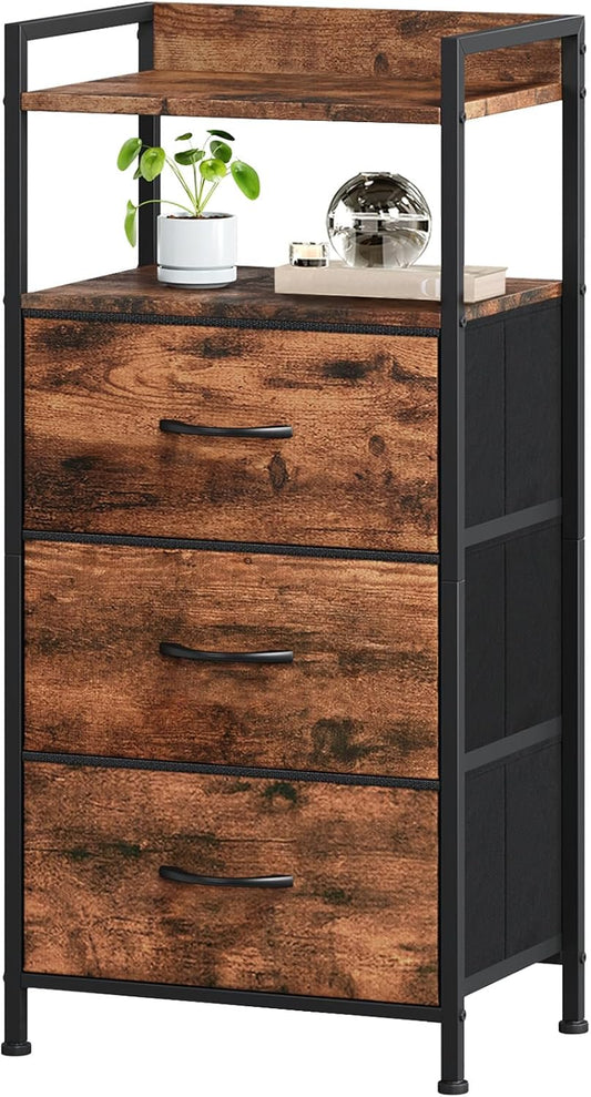 Somdot Nightstand with 3 Drawers, Dresser with Fabric Bins for Bedroom, Hallway, Entryway, Nightstand Bedside Table Furniture, Sturdy Steel Frame, Wooden Top, Easy Pull Fabric Bins, Wood Grain Print