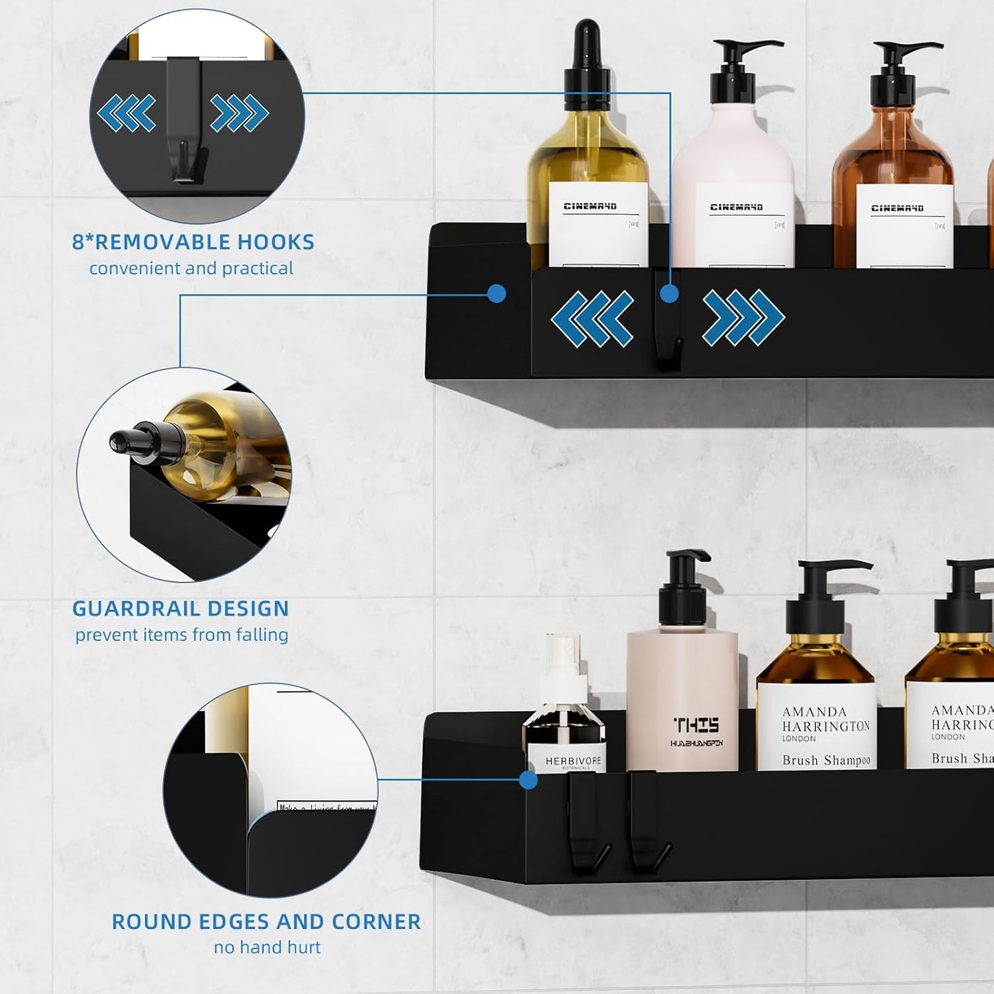 Shower Caddy Adhesive, 2 Pack Large Capacity Rustproof Shower Shelves, No Drill Bathroom Shelf with 8 Hooks, Stainless Steel Shower Organizer Rack, Black