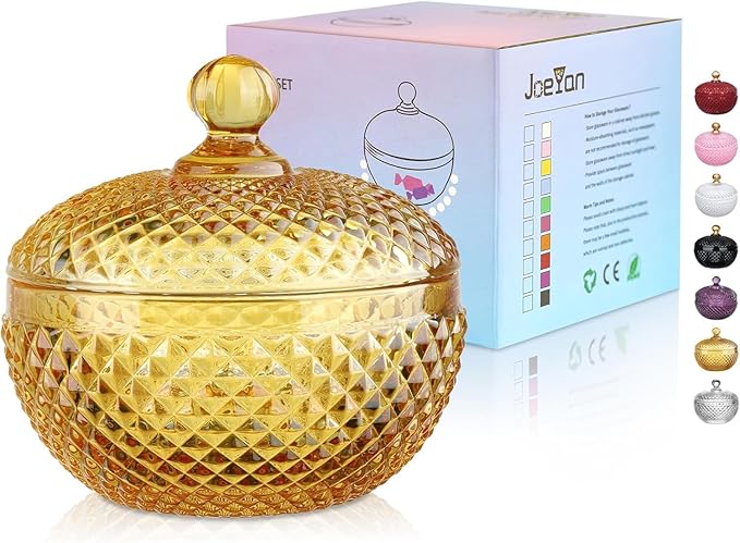 Joeyan 12 oz Small Amber Glass Jars with Lid,Embossed Glass Candy Dishes,Diamond Faceted Food Container,Decorative Jewelry Box Apothecary Canisters,Colored Kitchen Bathroom Buffet Storage Organizer