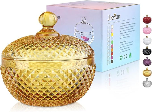 Joeyan 12 oz Small Amber Glass Jars with Lid,Embossed Glass Candy Dishes,Diamond Faceted Food Container,Decorative Jewelry Box Apothecary Canisters,Colored Kitchen Bathroom Buffet Storage Organizer